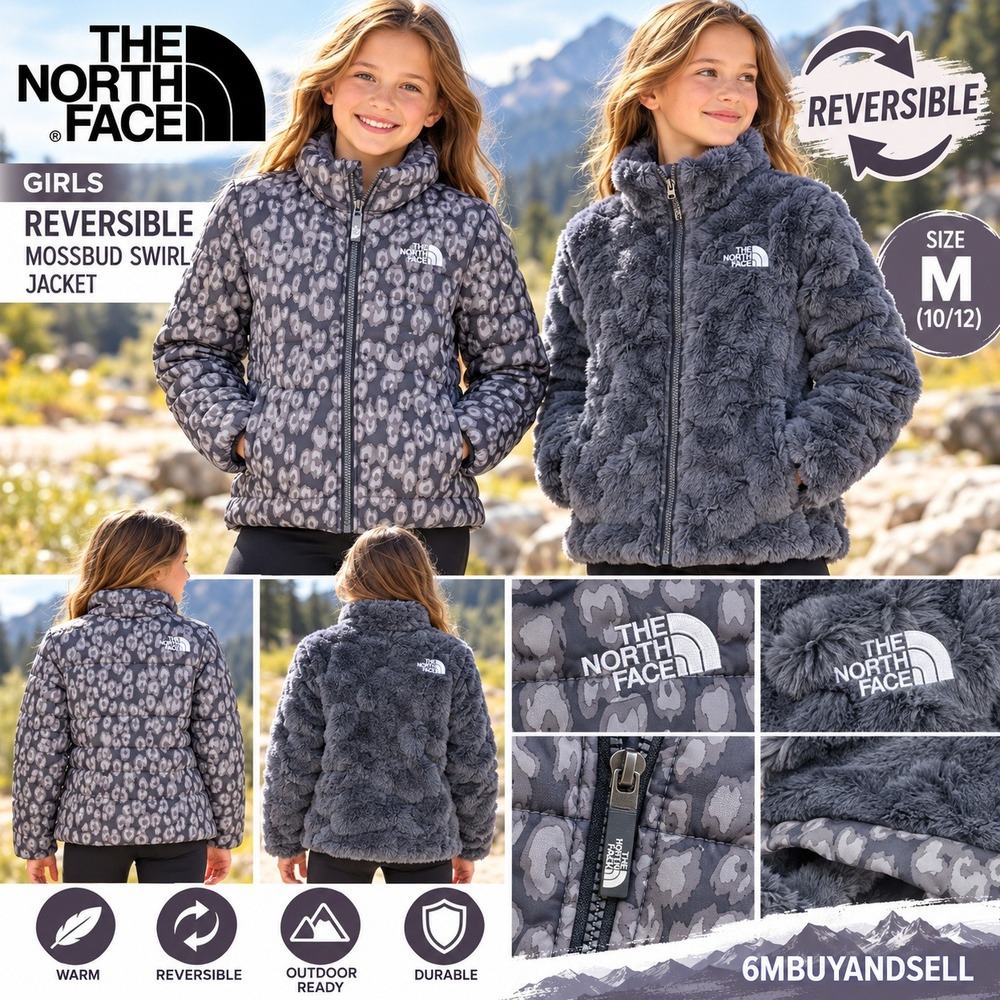 The North Face Girls Reversible Mossbud Swirl Jacket Grey Leopard Print M 10/12